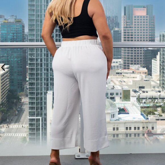 NEW Plus Size  elastic waist self tie Wide leg White Capri Pants with 2 Pockets - Picture 4 of 7